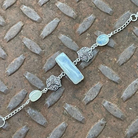 Women Handmade Bracelet Silver Tone Real Rainbow Moonstone Wrist Band Jewelry - Picture 7 of 12